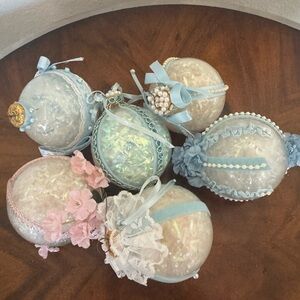 6 Hand Crafted  5 Blue and White  1 Pink and White Holiday Ornaments